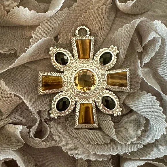 Judith Ripka Sterling Silver Citrine Tigers Eye and Onyx Pendant - Picture 4 of 7